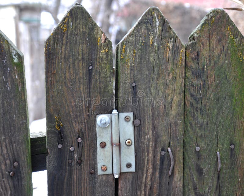 Old wooden fence with hammered bent nails, a loop from the gate. Close-up. Old wooden fence with hammered bent nails, a loop from the gate. Close-up.