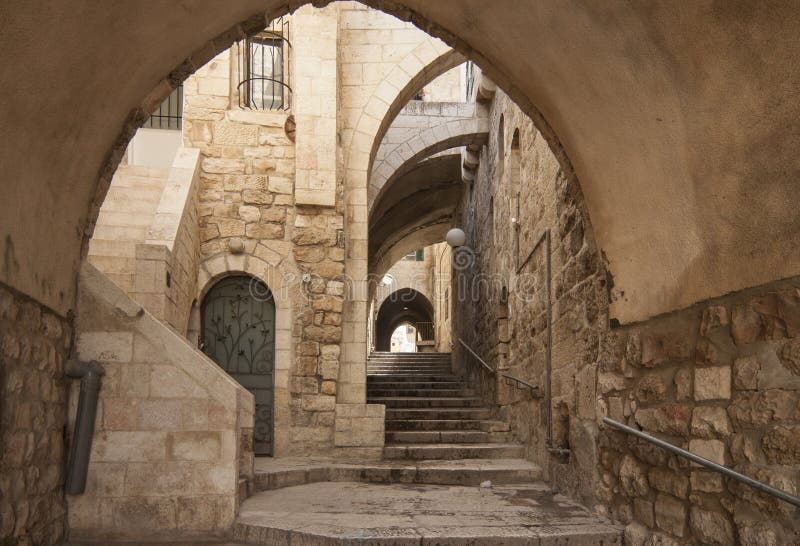 Old city hidden passageway, stone stairway and arch. Jewish quarter, Jerusalem, Israel. Old city hidden passageway, stone stairway and arch. Jewish quarter, Jerusalem, Israel