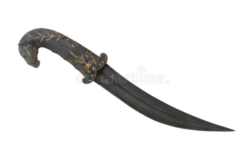 Old Persian black metal dagger with a curved blade, gold inlaid hilt with a horse head. Isolated on white. Old Persian black metal dagger with a curved blade, gold inlaid hilt with a horse head. Isolated on white.