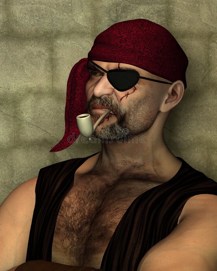 Portrait illustration of an old pirate with an eyepatch leaning against a wall and smoking a clay pipe, 3d digitally rendered illustration. Portrait illustration of an old pirate with an eyepatch leaning against a wall and smoking a clay pipe, 3d digitally rendered illustration