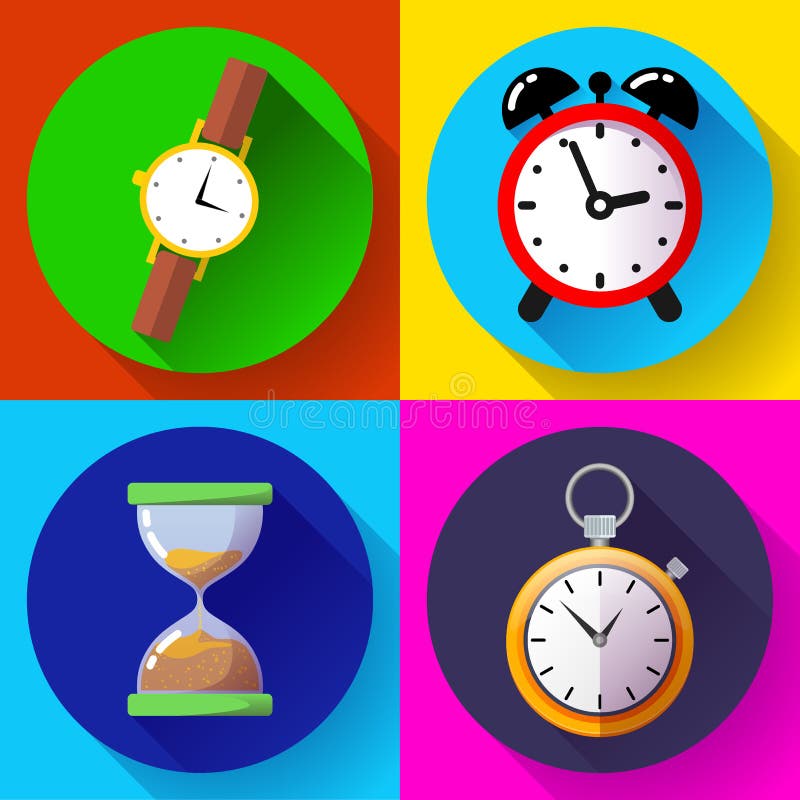 Stary rocznika hourglass budzik, stopwatch, wristwatch ikony wektor - czasu zegaru ikony set ilustracja wektor
