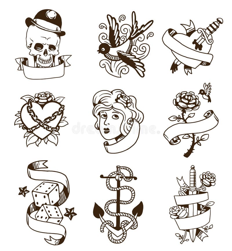 Stary rocznika tatuażu wektoru set ilustracja wektor Stary rocznika tatuażu wektoru set ilustracja wektor