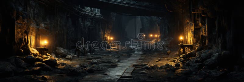 Stary tunel podziemny jaskinia w górskim panoramicznym widoku ciemnego opuszczonego przejścia jak katacomb. koncepcja węgla przemy ilustracja wektor