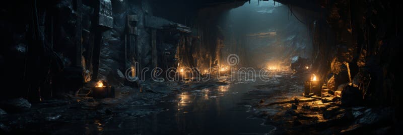 Stary tunel podziemny jaskinia w górskim panoramicznym widoku ciemnego opuszczonego przejścia jak katacomb. koncepcja węgla przemy royalty ilustracja