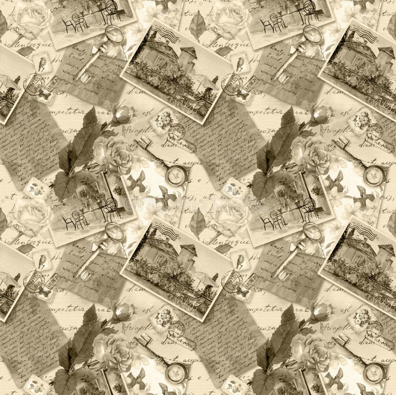 Starzejący się papier z ręki pisać notatkami, fotografie, znaczki, klucze, akwarela wzrastał kwiaty w retro sepiowym kolorze bezs ilustracji