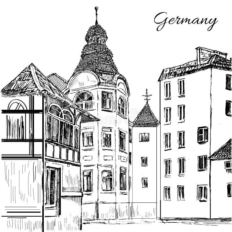 Starzy płytka domy, Niemcy, Europa, Wektorowa ręka rysująca ilustracja, atrament grawerowali miastowego nakreślenie odizolowywają ilustracja wektor Starzy płytka domy, Niemcy, Europa, Wektorowa ręka rysująca ilustracja, atrament grawerowali miastowego nakreślenie odizolowywają ilustracja wektor