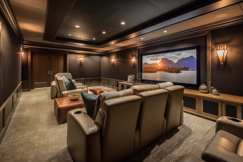 Stateoftheart Home Theater with Dramatic Lighting, Comfortable
