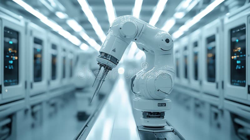 Robotic arms engaged in precision manufacturing within a high-tech industrial facility stock photos