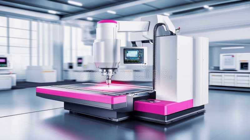 Advanced laser machine in a modern workshop performing precision tasks. Generative AI royalty free stock images