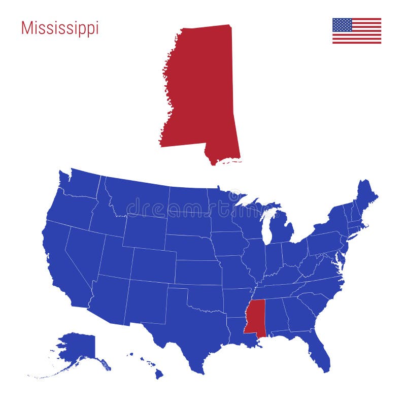 The State of Mississippi is Highlighted in Red. Vector Map of the