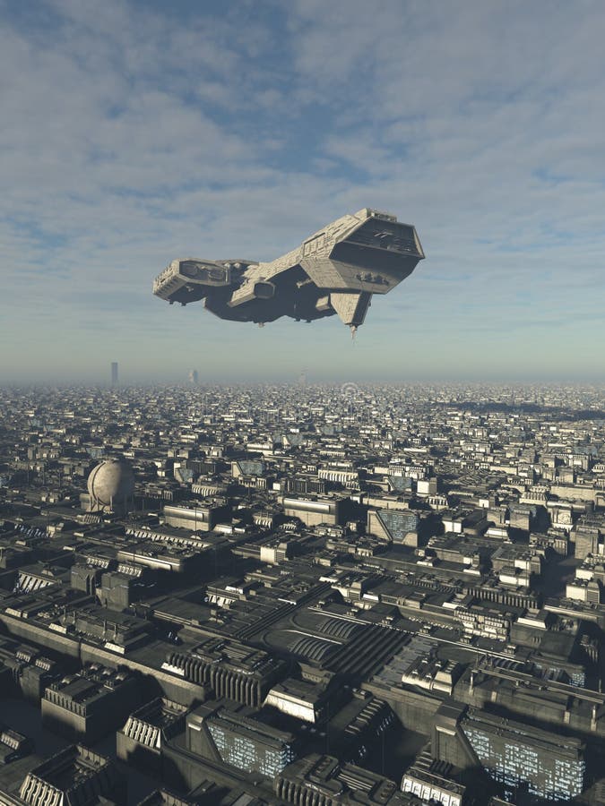 Statek kosmiczny Overflying Przyszłościowego miasto ilustracja wektor Statek kosmiczny Overflying Przyszłościowego miasto ilustracja wektor