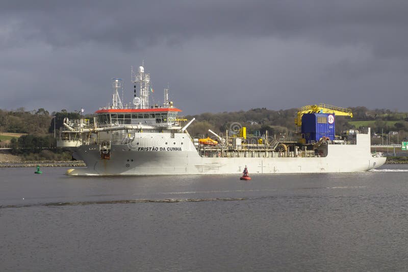 17 March 24 The vessel TRISTAO DA CUNHA, built in 2019, steaming slowly up the River Lee toward Cork City in County Cork Ireland. 17 March 24 The vessel TRISTAO DA CUNHA, built in 2019, steaming slowly up the River Lee toward Cork City in County Cork Ireland