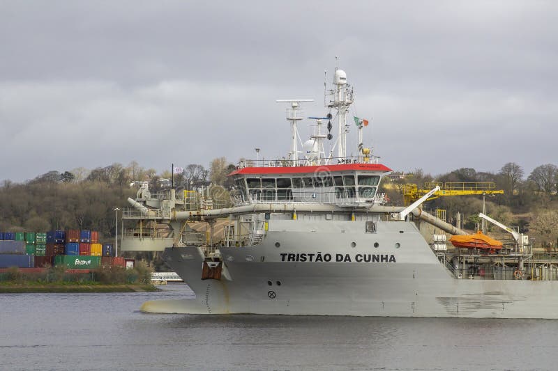 17 March 24 The vessel TRISTAO DA CUNHA, built in 2019, steaming slowly up the River Lee toward Cork City in County Cork Ireland. 17 March 24 The vessel TRISTAO DA CUNHA, built in 2019, steaming slowly up the River Lee toward Cork City in County Cork Ireland