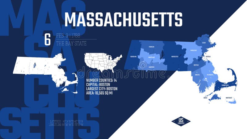 6 of 50 states of the United States, divided into counties with territory nicknames, Detailed vector Massachusetts Map with name