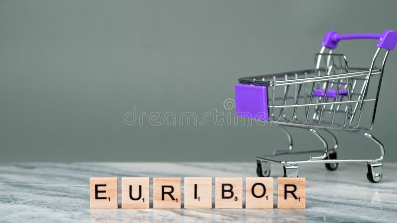 Static Shot of Word EURIBOR Is Written In Wooden Letters. Behind Shopping Basket in Which Woman\'s Hand Puts