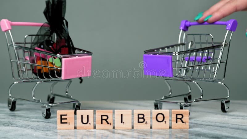 Static Shot of Word EURIBOR Is Written In Wooden Letters On Grey Background. Behind Two Empty Shopping Basket. Concept of