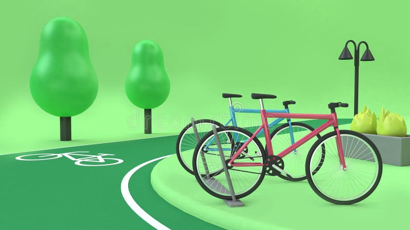 Station de vélo avec style de bande dessinée de rendu des arbres 3d du bas des parcs 3d de vert de ruelle de vélo le poly, nature images libres de droits Station de vélo avec style de bande dessinée de rendu des arbres 3d du bas des parcs 3d de vert de ruelle de vélo le poly, nature images libres de droits