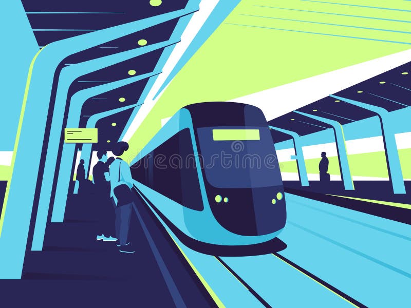 On a station platform. Vector illustration on the subject of train, tram, subway ride stock illustration