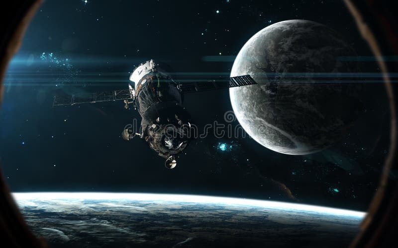 Station spatiale, planètes à la lumière d'étoile bleue Paysage d'espace lointain dans le hublot du vaisseau spatial Art de la sci image stock Station spatiale, planètes à la lumière d'étoile bleue Paysage d'espace lointain dans le hublot du vaisseau spatial Art de la sci image stock