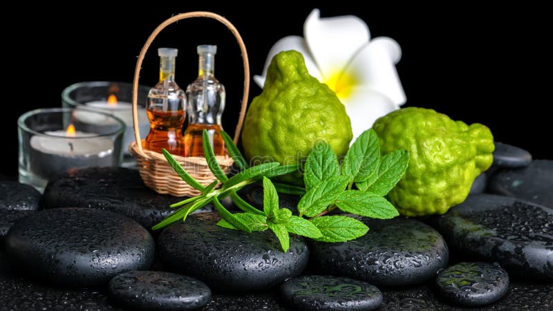 Station thermale aromatique d'huile essentielle de bouteilles dans le panier, menthe fraîche, ROS photo stock Station thermale aromatique d'huile essentielle de bouteilles dans le panier, menthe fraîche, ROS photo stock