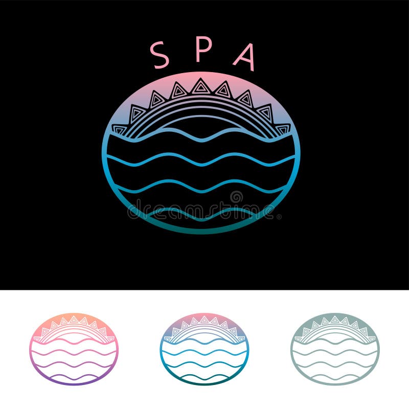 STATION THERMALE avec le soleil et mer, emblème de logo de couleur dans le style décoratif ethnique illustration stock STATION THERMALE avec le soleil et mer, emblème de logo de couleur dans le style décoratif ethnique illustration stock