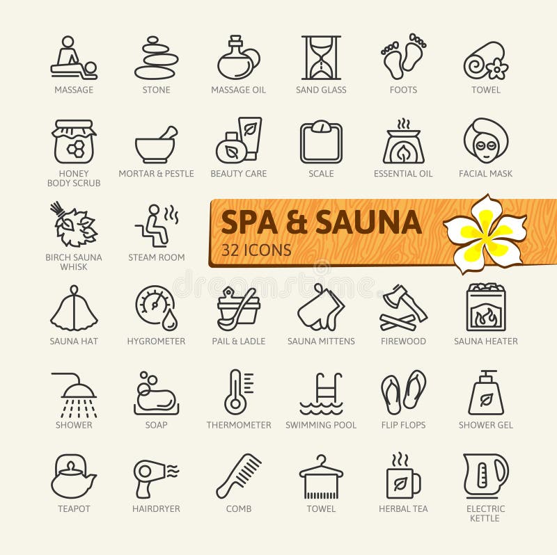 STATION THERMALE et sauna, bain d'eau bouillante - ligne mince minimale ensemble d'icône de Web Collection d'icônes d'ensemble illustration libre de droits STATION THERMALE et sauna, bain d'eau bouillante - ligne mince minimale ensemble d'icône de Web Collection d'icônes d'ensemble illustration libre de droits