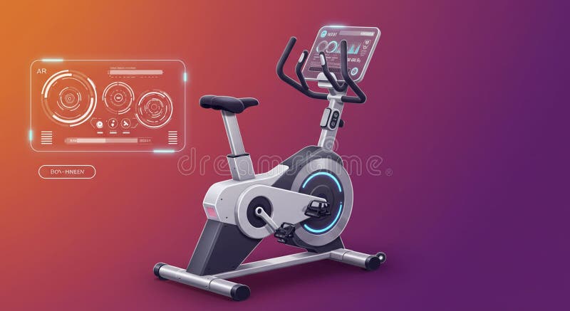Stationary exercise bike with a futuristic design and interactive digital screen royalty free illustration