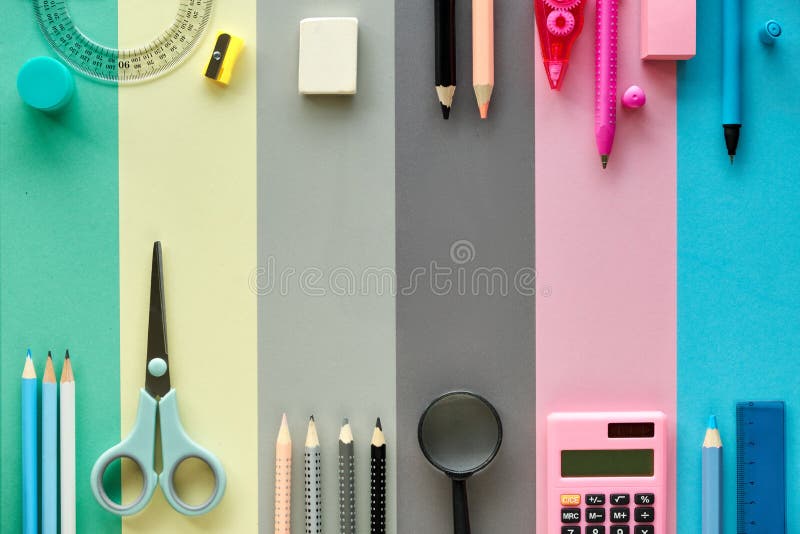 Back to school, concept flat lay background in pastel colors. Stationary items on paper background, text space. Back to school, concept flat lay background in pastel colors. Stationary items on paper background, text space