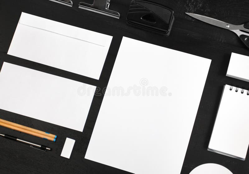 Portrait of stationary mock up for identity design template on black background. Concept clean layout stock images, royalty-free photos and pictures