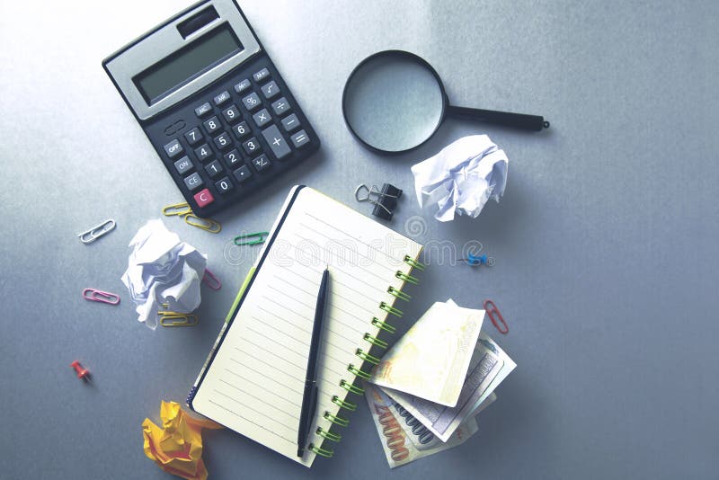 Stationary and Money on Desk Stock Photo Image of paper, calculator