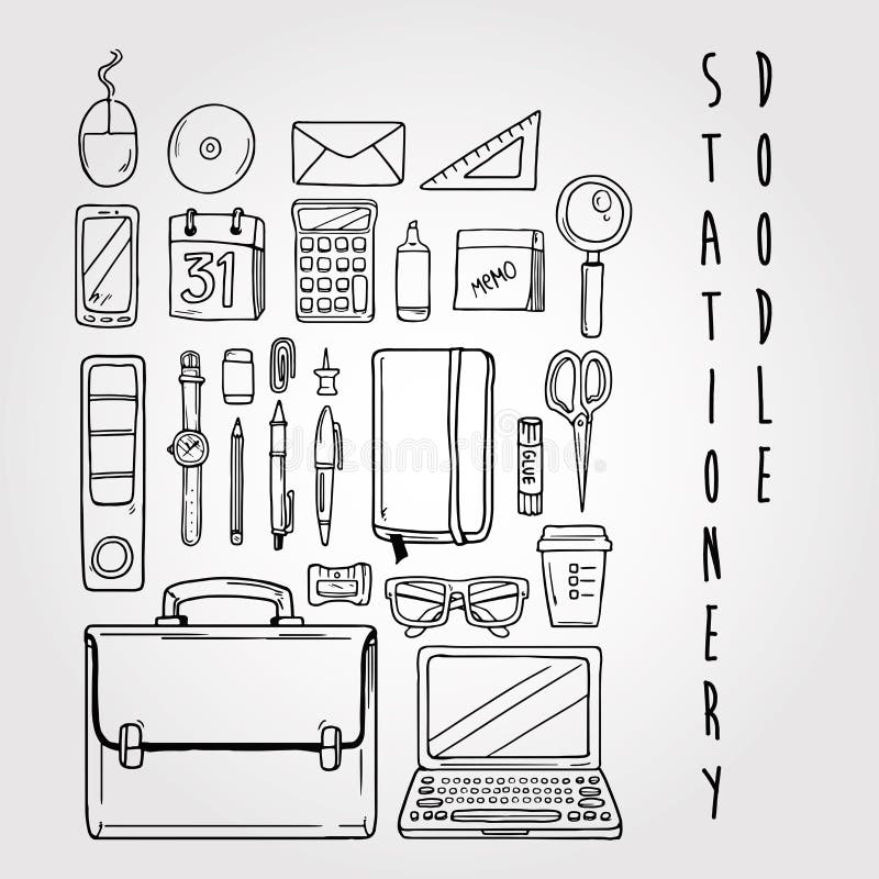 Stationery Doodle Set Collection Stock Vector Illustration of