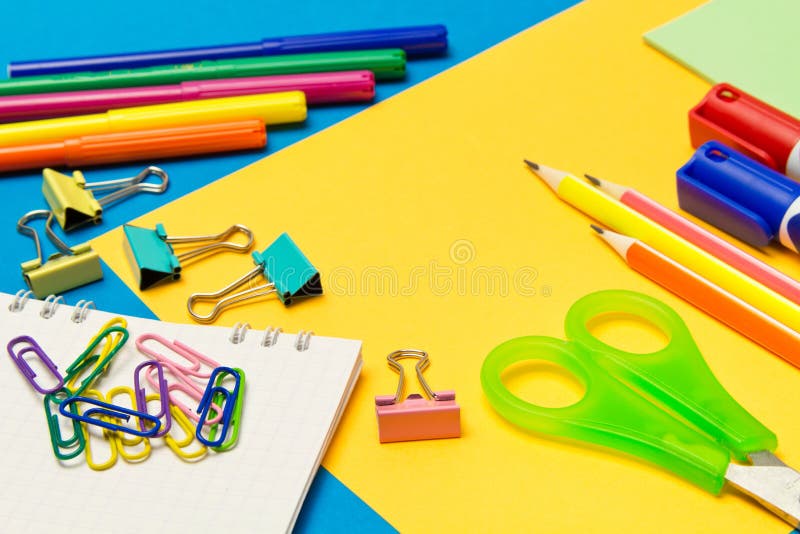 Stationery. School and Office Supplies on a Colored Background Stock