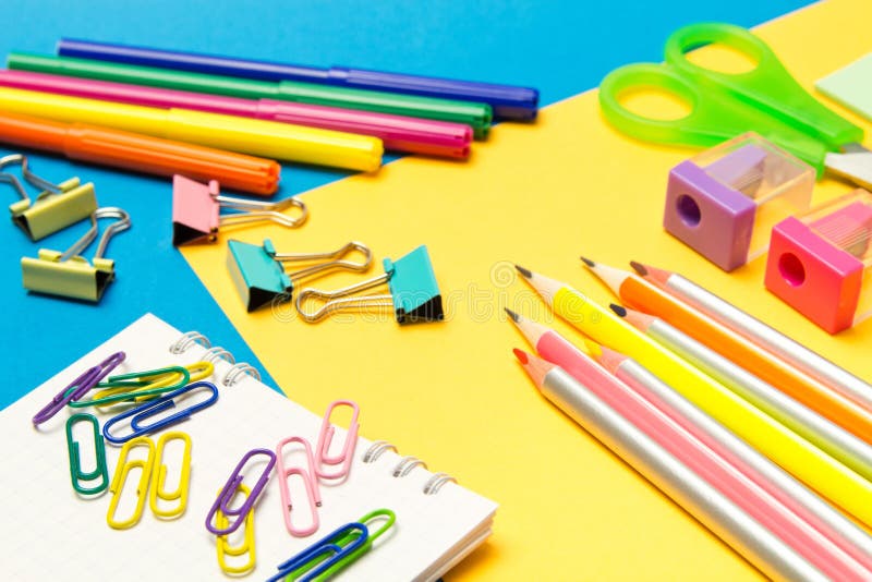 Stationery. School and Office Supplies on a Colored Background Stock