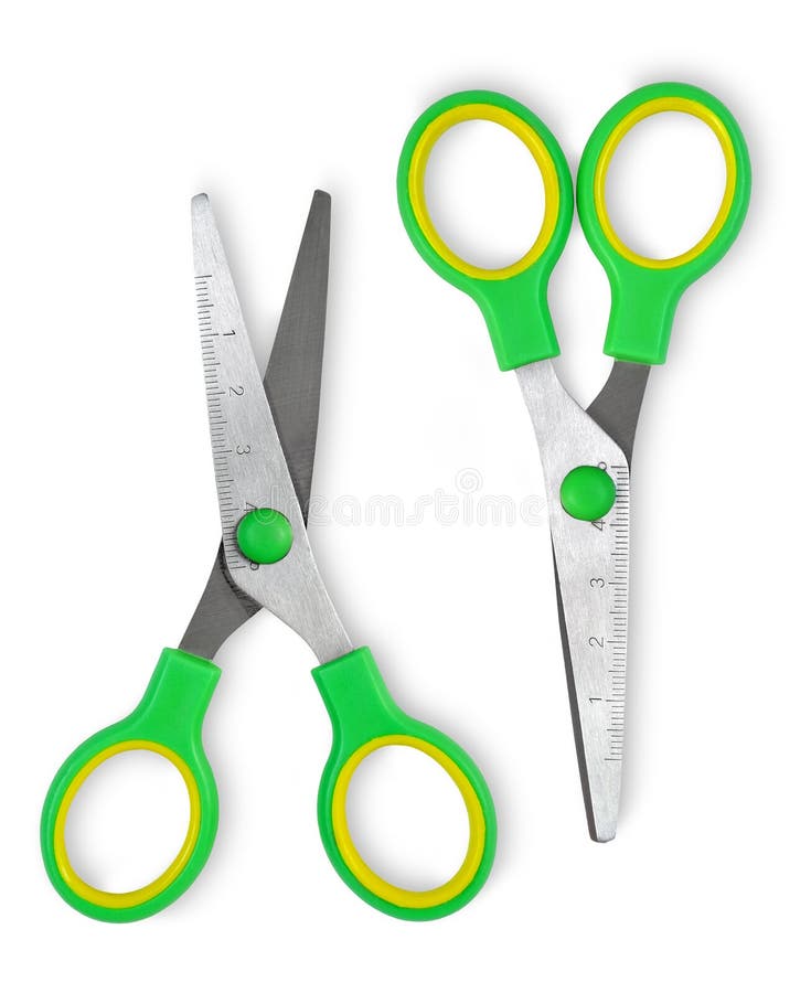 Stationery scissors with green handles on a white isolated background