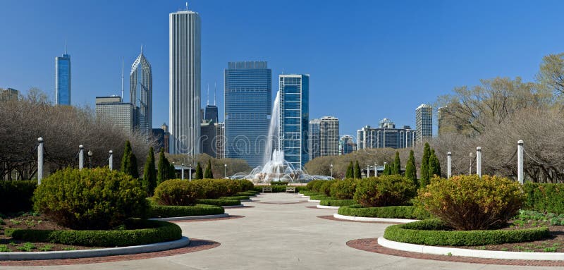 Panoramic image of Grant Park Chicago with Buckingham Fountain in the middle. Panoramic image of Grant Park Chicago with Buckingham Fountain in the middle.
