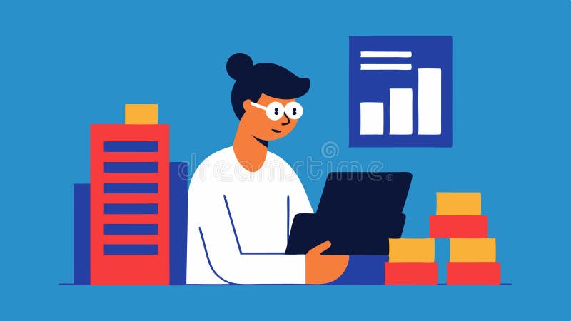 Statistical Analysis A data scientist using a calculator and a stack of reports filled with data illustrating the stock illustration