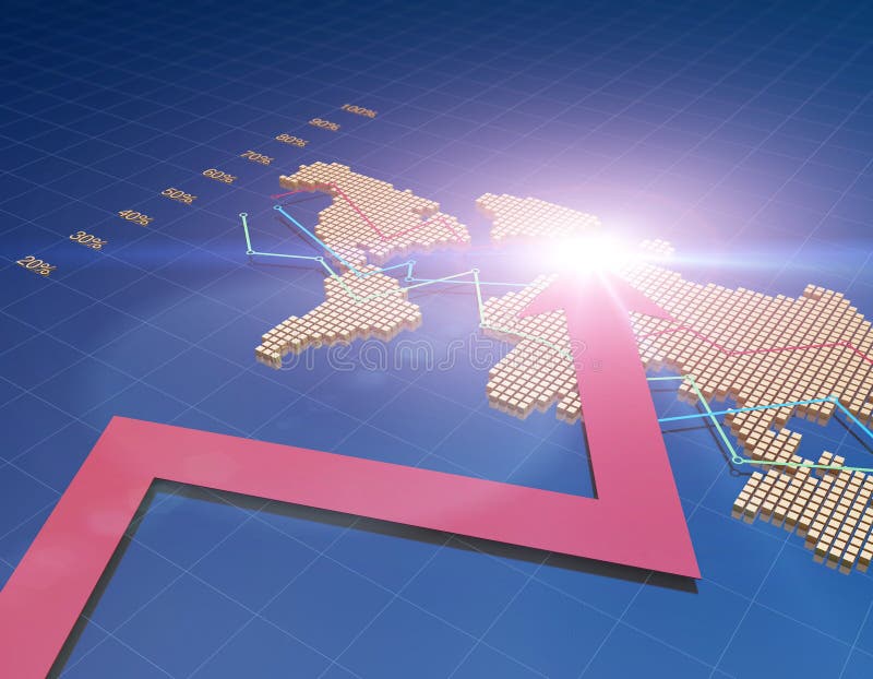 Statistiche di dati tabelle di successo freccia e mappa mondiale del miglioramento dell'economia globale illustrazione vettoriale