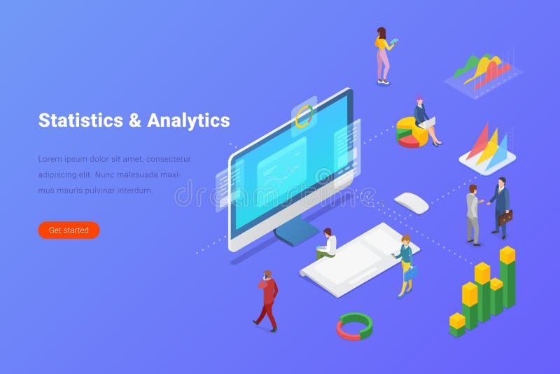 Statistics Analyse Data Information on Computer Desktop isometric flat design vector illustration