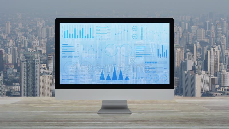Statistics graphs, charts and diagrams data on modern computer monitor screen on wooden table over office building tower and skysc stock illustration