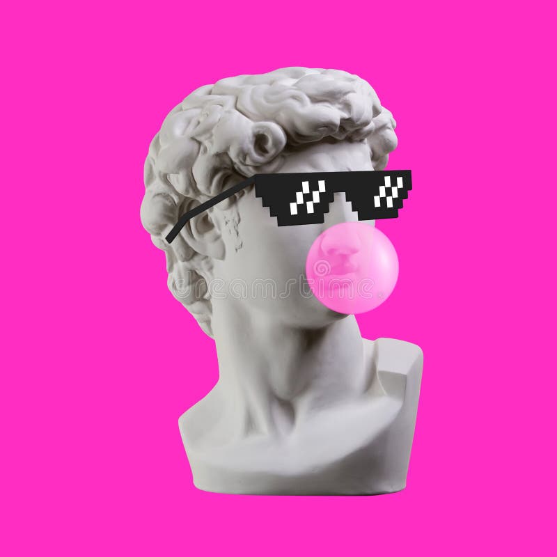 Statue. Earphone. Isolated. Gypsum statue of David`s head. Man. Creative. Plaster statue of David`s head in pixel glasses. Minimal concept art. Statue. Earphone. Isolated. Gypsum statue of David`s head. Man. Creative. Plaster statue of David`s head in pixel glasses. Minimal concept art