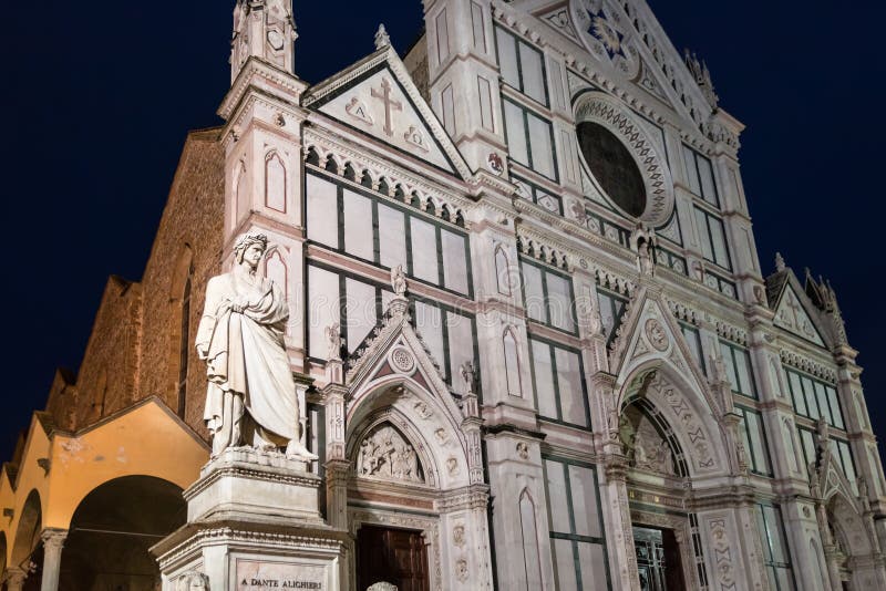 Travel to Italy - statue of Dante Alighieri and Basilica di Santa Croce Basilica of the Holy Cross in Florence city in night. Travel to Italy - statue of Dante Alighieri and Basilica di Santa Croce Basilica of the Holy Cross in Florence city in night