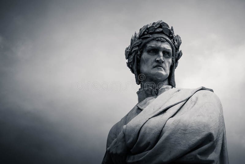 Statue of Dante in Piazza di Santa Croce, Florence, Italy. Bust shot, black and white, copy space. Statue of Dante in Piazza di Santa Croce, Florence, Italy. Bust shot, black and white, copy space.