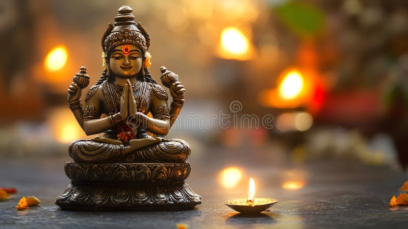 Statua della dea d'ottone con lampada a diya soffiante nel medaglione tranquil busi fotografia stock