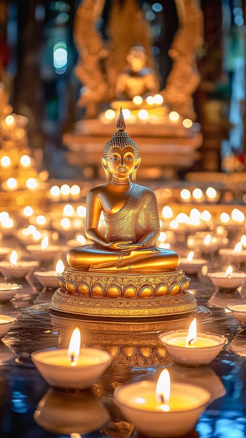 Statua di Buddha d'Oro circondata da una candela per tranquillità, meditazione e serenità spirituale fotografie stock libere da diritti