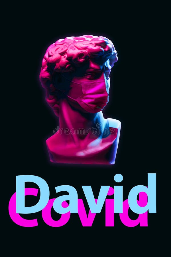 Creative concept of neon. David statue In Medical Mask. Creative concept of neon. David statue In Medical Mask