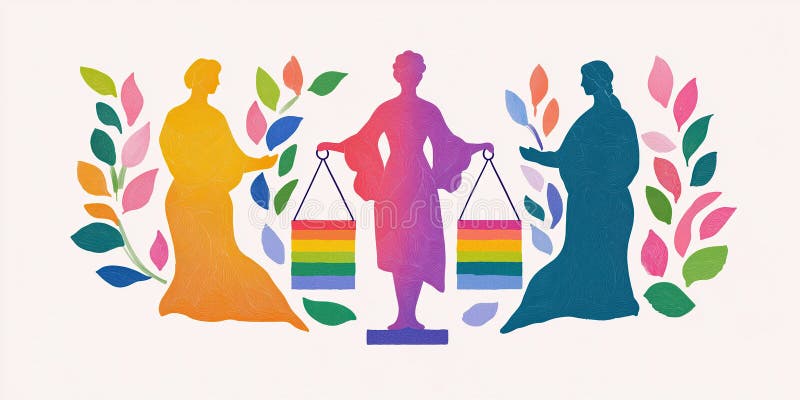 Statua di giustizia con scale di arcobaleno lgbt pride circondata da figure colorate e foglie illustrazione vettoriale