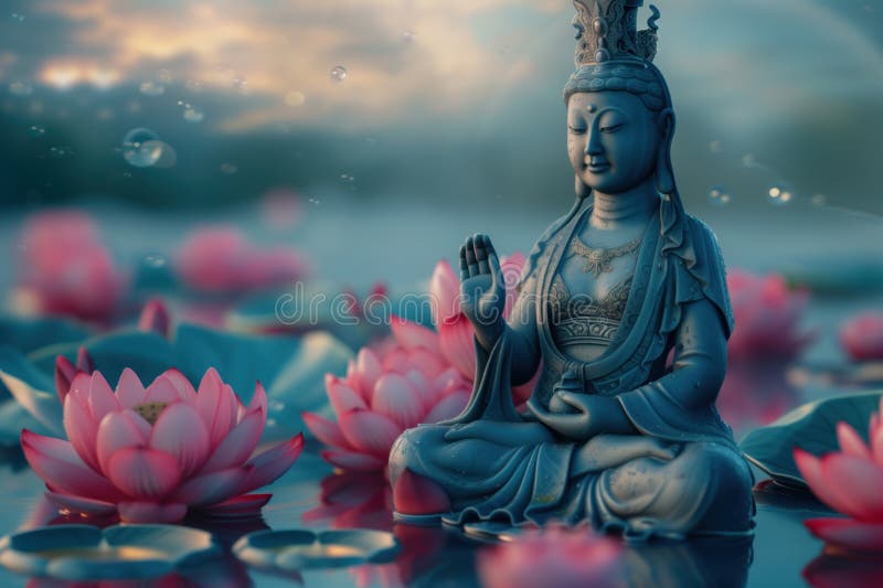 Statua di guanyin buddha in tranquillità meditata con fiori di loto rosa sull'acqua. fotografia stock libera da diritti