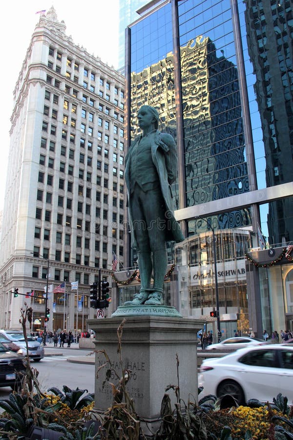 Statua di Nathan Hale, Chicago, IL, USA fotografia stock