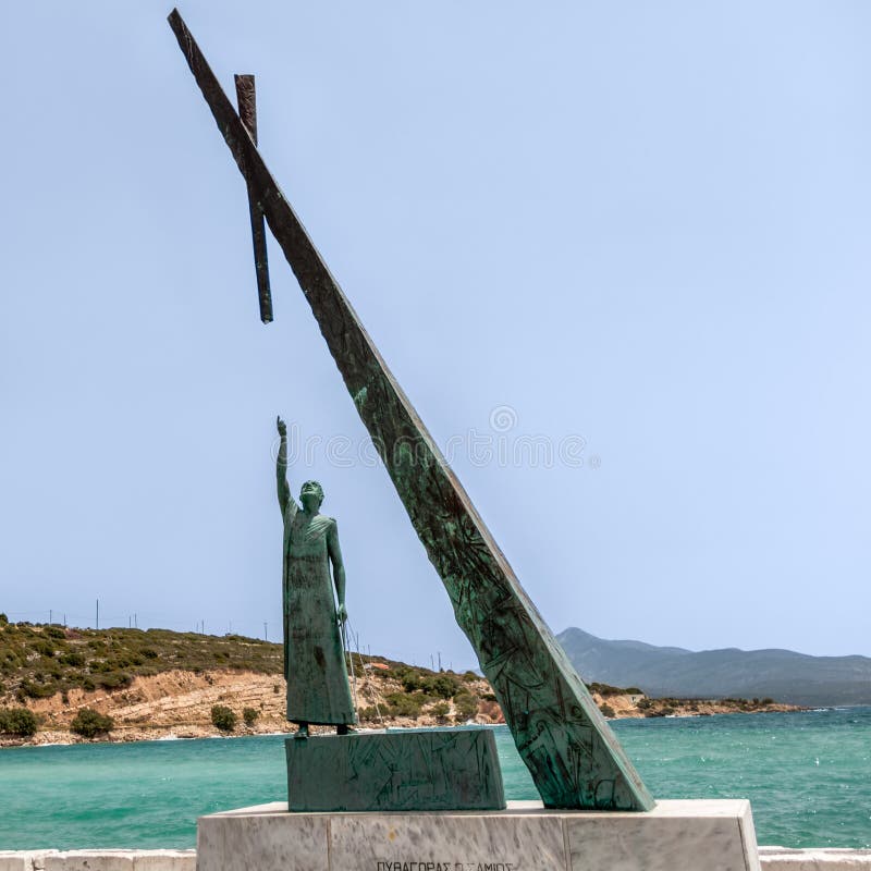 Pythagoras of Samos was an important Greek philosopher, mathematician, geometer and music theorist. The city of Pythagoreon on the island of Samos, Greece was renamed after this ancient polymath and his statue erected on the city pier. Statue demonstrates the widest known achievement of Pythagoras - Pythagorean theorem. Pythagoras of Samos was an important Greek philosopher, mathematician, geometer and music theorist. The city of Pythagoreon on the island of Samos, Greece was renamed after this ancient polymath and his statue erected on the city pier. Statue demonstrates the widest known achievement of Pythagoras - Pythagorean theorem.