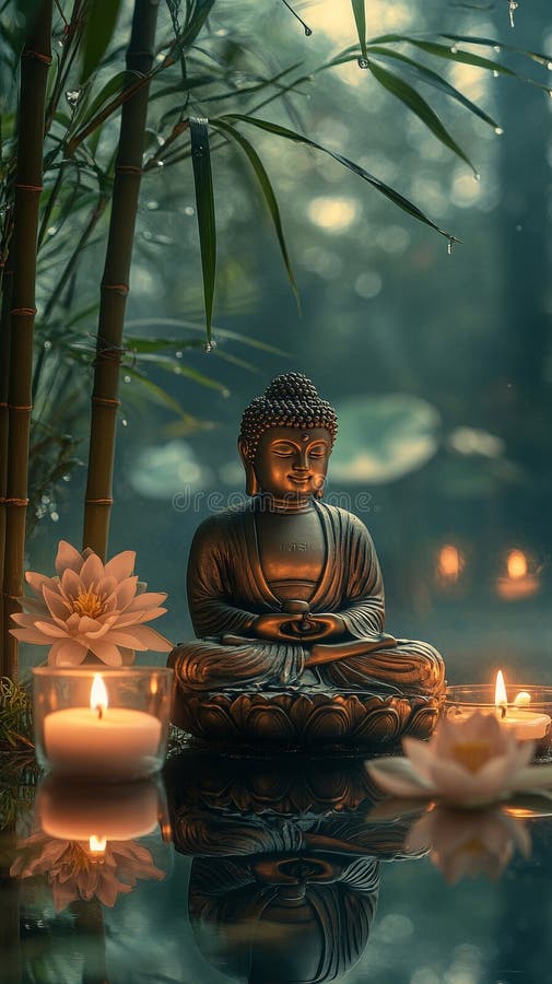 Statua di Serene Buddha circondata da candele e fiori di loto in una foresta tranquilla. Una statua di Buddha si siede pacificamente tra candele accese e fiori di loto in fiore. la foresta verde lussuosa fornisce uno sfondo calmante che avvolge la scena generata dall'ai